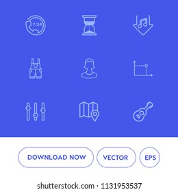 Modern, simple vector icon set on blue background with countdown, uniform, time, sound, human, headset, flow, operator, internet, hourglass, minute, location, profile, sign, clothing, white, pin icons