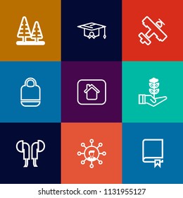 Modern, simple vector icon set on colorful flat backgrounds with object, seedling, building, graduation, study, cap, screen, fashion, encyclopedia, audio, estate, library, headset, flight, wood icons