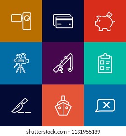 Modern, simple vector icon set on colorful flat backgrounds with surgery, list, piggy, card, fish, finance, sea, plastic, lens, payment, doctor, tripod, banking, economy, check, fishing, movie icons