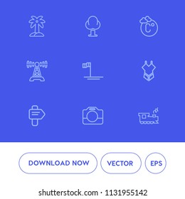 Modern, simple vector icon set on blue background with natural, music, coconut, arrow, mexico, business, tropical, palm, fashion, ocean, blue, leaf, equipment, swimsuit, beach, temperature, film icons