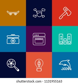 Modern, simple vector icon set on colorful flat backgrounds with music, business, dolphin, kitchen, magnifying, street, emergency, style, kit, animal, idea, skateboard, audio, board, box, cross icons