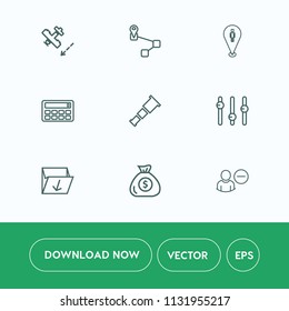 Modern, simple vector icon set on white background with mathematics, rubbish, sky, button, flight, map, calculator, business, accounting, air, gps, location, box, money, fly, astronomy, airplane icons