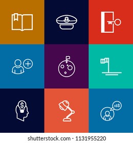 Modern, simple vector icon set on colorful flat backgrounds with emergency, exit, click, sign, library, education, sea, concept, blue, business, mexico, baja, arrow, lamp, travel, idea, anchor icons