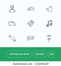 Modern, simple vector icon set on white background with vehicle, screen, map, cafe, baseball, point, young, position, transportation, rent, sound, movie, table, destination, travel, traffic, man icons