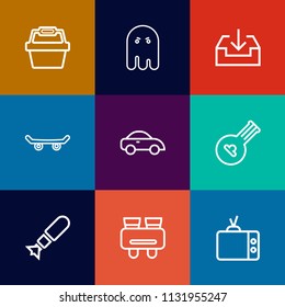 Modern, simple vector icon set on colorful flat backgrounds with falling, bomb, halloween, folk, video, skater, string, food, vehicle, war, television, vision, basket, search, screen, skate, web icons
