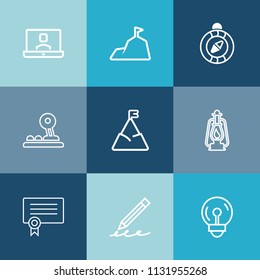 Modern, simple vector icon set on colorful blue backgrounds with bulb, pencil, internet, lamp, south, lantern, chain, communication, call, north, people, electric, write, hill, direction, blue icons