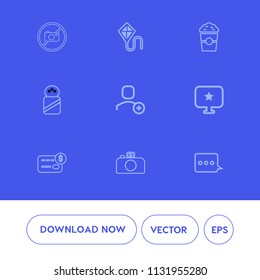 Modern, simple vector icon set on blue background with account, camera, food, bank, sky, credit, shop, photo, white, cup, card, cappuccino, money, espresso, joy, cafe, kite, fly, user, leisure icons