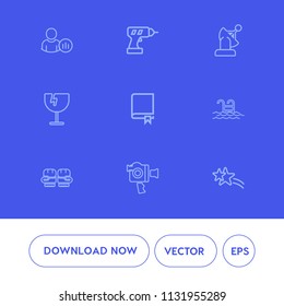 Modern, simple vector icon set on blue background with media, crash, social, summer, competition, fight, video, network, shattered, water, camera, profile, web, window, equipment, star, hand icons