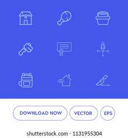 Modern, simple vector icon set on blue background with sign, real, property, doctor, place, modern, clinic, medical, basket, white, building, surgery, road, chicken, fast, tool, bag, diploma icons