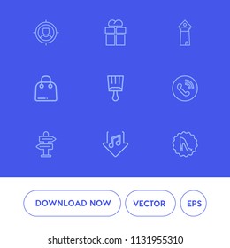 Modern, simple vector icon set on blue background with sale, way, white, market, paper, giftbox, buy, fashion, customer, present, sound, music, landmark, christmas, internet, bow, holiday, tower icons