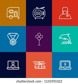 Modern, simple vector icon set on colorful flat backgrounds with bellhop, hospitality, blue, tuner, business, wildlife, dolphin, ocean, internet, hotel, delivery, award, win, cooler, train, tv icons