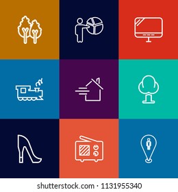 Modern, simple vector icon set on colorful flat backgrounds with pc, wood, female, railway, home, business, style, internet, shoe, transportation, rent, pine, meeting, travel, high, computer icons