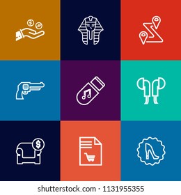 Modern, simple vector icon set on colorful flat backgrounds with banking, music, furniture, navigation, pistol, road, pharaoh, money, finance, culture, art, currency, couch, fashion, modern, gun icons