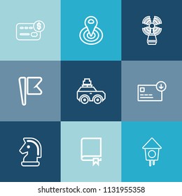 Modern, simple vector icon set on colorful blue backgrounds with wooden, library, book, location, home, strategy, balance, bird, navigation, finance, card, lighthouse, sack, pointer, flag, car icons