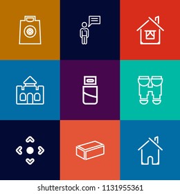 Modern, simple vector icon set on colorful flat backgrounds with modern, palace, building, real, brick, technology, people, house, button, retail, construction, architecture, vision, property icons