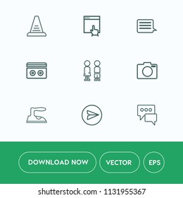 Modern, simple vector icon set on white background with communication, technology, camera, equipment, construction, photo, cassette, girl, people, arrow, email, music, clothes, business, ironing icons