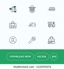 Modern, simple vector icon set on white background with flight, cartoon, dump, tool, smile, spanner, architecture, object, air, wrench, bus, style, travel, dumper, castle, head, hat, male, bag icons