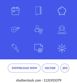 Modern, simple vector icon set on blue background with textbook, online, science, music, technology, astronaut, object, profile, bow, gift, holiday, decoration, uniform, christmas, certificate icons