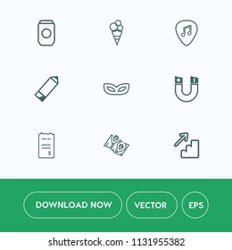 Modern, simple vector icon set on white background with dessert, upstairs, map, masquerade, music, downstairs, concert, up, aluminum, down, travel, science, can, road, mask, chocolate, party icons