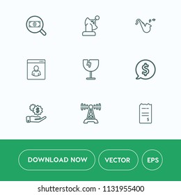 Modern, simple vector icon set on white background with dollar, window, money, radio, communication, sound, destruction, price, glass, musical, crash, paper, trumpet, tag, satellite, circle, web icons