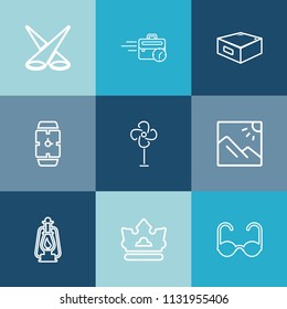 Modern, simple vector icon set on colorful blue backgrounds with sitting, scenery, crown, light, scene, sun, show, cooler, spot, business, photography, watch, ventilator, late, lantern, drawer icons