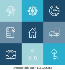 Modern, simple vector icon set on colorful blue backgrounds with delivery, space, call, vehicle, key, pharaoh, home, video, ancient, transportation, white, old, egypt, equipment, science, wheel icons