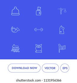 Modern, simple vector icon set on blue background with flag, vessel, musical, cap, fashion, ship, construction, strategy, business, white, drill, female, ocean, fitness, sport, bag, nation, saw icons