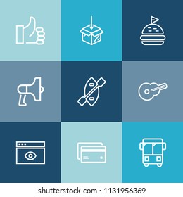 Modern, simple vector icon set on colorful blue backgrounds with transportation, lunch, ok, boat, hand, computer, musical, music, transport, package, thumb, loud, water, money, paddle, bus, box icons