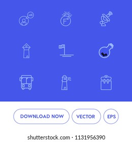 Modern, simple vector icon set on blue background with bus, computer, satellite, global, europe, space, light, mexico, celsius, sea, lighthouse, tower, equipment, professional, degree, baja icons