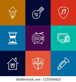 Modern, simple vector icon set on colorful flat backgrounds with protection, hole, business, play, melody, clock, house, sand, box, art, shopping, building, security, home, hourglass, music, tv icons