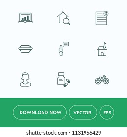 Modern, simple vector icon set on white background with document, avatar, communication, technology, cycle, medical, real, home, bar, wheel, lettuce, business, bicycle, bun, contract, mortgage icons