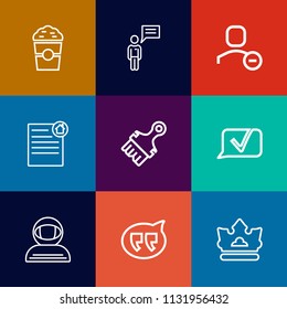 Modern, simple vector icon set on colorful flat backgrounds with social, royal, account, pictogram, communication, real, bubble, cappuccino, mortgage, delete, astronaut, king, chatting, talk,  icons