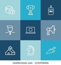 Modern, simple vector icon set on colorful blue backgrounds with delivery, success, cup, container, building, television, package, gold, chess, sign, trophy, winner, chessboard, box, megaphone icons