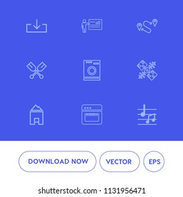 Modern, simple vector icon set on blue background with canoe, home, businessman, cooking, note, boat, destination, house, female, machine, button, people, communication, travel, presentation icons