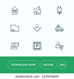Modern, simple vector icon set on white background with swimsuit, home, beach, supermarket, vacation, bikini, price, direction, road, luggage, business, customer, camera, fashion, tv, sign, shop icons