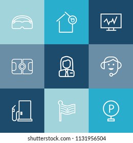 Modern, simple vector icon set on colorful blue backgrounds with apartment, medicine, america, landlord, flag, fuel, house, glasses, petrol, stadium, lot, gas, soccer, property, car, national icons