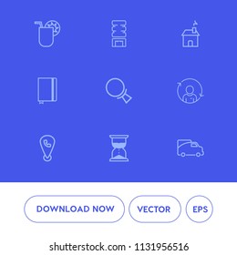 Modern, simple vector icon set on blue background with refresh, traffic, map, picnic, transportation, search, hourglass, clock, summer, drink, time, vehicle, cool, mobile, estate, alcohol, paper icons