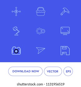 Modern, simple vector icon set on blue background with diskette, monitor, dollar, business, camera, technology, lamp, bank, money, lunch, photographer, computer, park, electricity, photo, basket icons