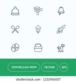Modern, simple vector icon set on white background with business, space, equipment, bird, alarm, shuttle, tree, video, movie, summer, tropical, oar, film, handle, camera, bell, boat, food, grass icons