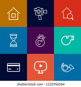 Modern, simple vector icon set on colorful flat backgrounds with construction, equipment, movie, debit, time, home, modern, film, internet, scale, jazz, card, lens, fahrenheit, professional icons