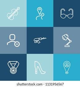 Modern, simple vector icon set on colorful blue backgrounds with sun, gps, lamp, electricity, musical, high, account, sound, vision, violoncello, shoe, style, success, pin, sunglasses, win, road icons