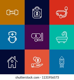 Modern, simple vector icon set on colorful flat backgrounds with workout, house, sport, snorkel, surgeon, architecture, tower, home, hospital, london, clock, physical, sale, equipment, active icons