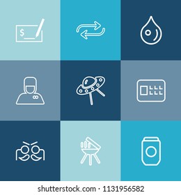 Modern, simple vector icon set on colorful blue backgrounds with meat, safe, abstract, festival, cooking, aluminum, carnival, replacement, replace, substitute, uniform, liquid, write, banking icons