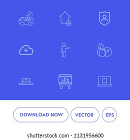 Modern, simple vector icon set on blue background with construction, drive, real, bowling, gps, map, technology, cap, pin, fashion, hat, car, web, sport, profile, white, head, hand, game, people icons