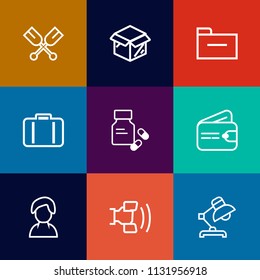 Modern, simple vector icon set on colorful flat backgrounds with vitamin, luggage, business, paddle, water, travel, money, file, canoe, telephone, river, lamp, health, sport, female, storage icons