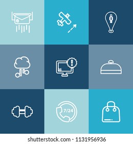 Modern, simple vector icon set on colorful blue backgrounds with location, technology, network, map, communication, suitcase, aviation, plane, monitor, transport, correspondence, desktop, cloud icons