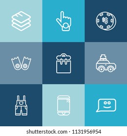 Modern, simple vector icon set on colorful blue backgrounds with game, pretty, data, suitcase, work, uniform, human, people, sport, white, communication, person, sea, underwater, risk, wear, car icons