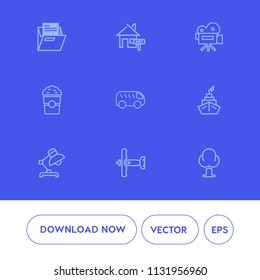 Modern, simple vector icon set on blue background with video, property, landscape, lamp, environment, war, sale, left, paper, estate, , real, buy, cafe, coffee, shop, nature, tree, open, forest icons