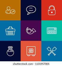 Modern, simple vector icon set on colorful flat backgrounds with diagram, boat, talk, button, message, lock, business, key, speech, report, security, unlock, dialog, shop, account, web, graph icons