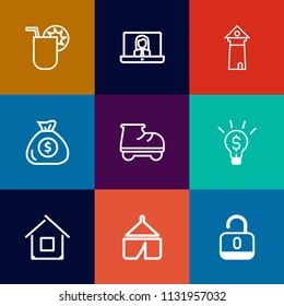 Modern, simple vector icon set on colorful flat backgrounds with building, tropical, adventure, estate, open, nature, communication, video, finance, leisure, money, call, cold, lock, white, ice icons